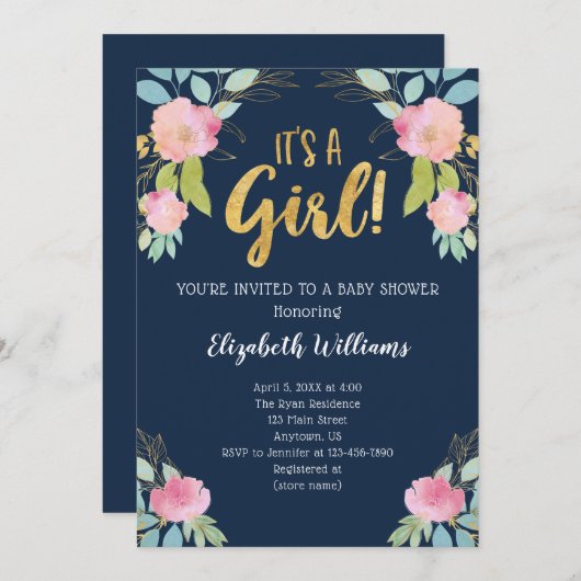 女の子ピンクのネイビー金ゴールド水色ベビーシャワー 招待状 (正面/裏面)