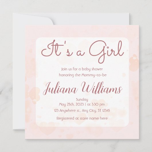 女の子ピンクのハートバルーンベビーシャワー 招待状 (正面)