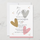 女の子ピンクのハートモダンシンプルの赤ちゃん 招待状 (正面)