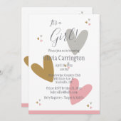 女の子ピンクのハートモダンシンプルの赤ちゃん 招待状 (正面/裏面)