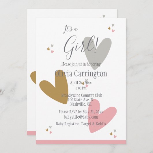 女の子ピンクのハートモダンシンプルの赤ちゃん 招待状 (正面/裏面)