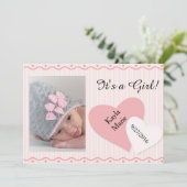 女の子ピンクのハート誕生発表 案内状 (スタンド正面)