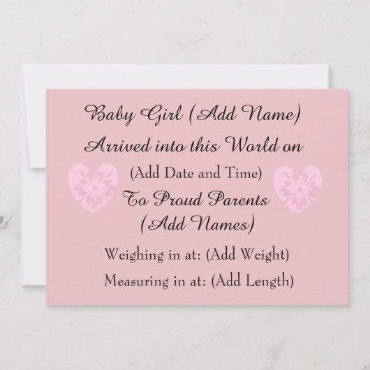 女の子ピンクのハート誕生発表 案内状 (裏面)