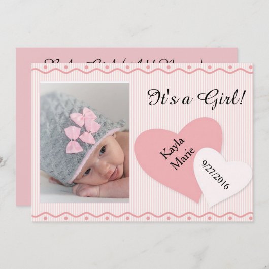 女の子ピンクのハート誕生発表 案内状 (正面/裏面)