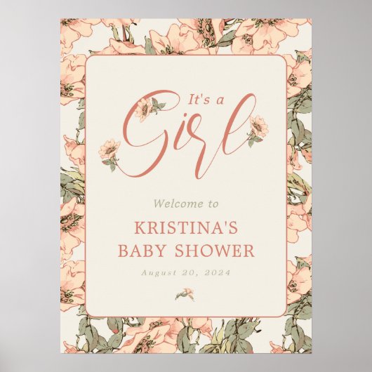 女の子ピンクのバラの赤ちゃんシャワーへようこそ ポスター (正面)