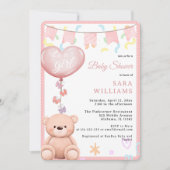 女の子ピンクのバルーンCutTeddy Bearベビーシャワー 招待状 (正面)
