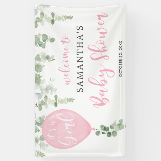 女の子ピンクのバルーンeucalyptus赤ちゃんシャワー 横断幕 (縦)