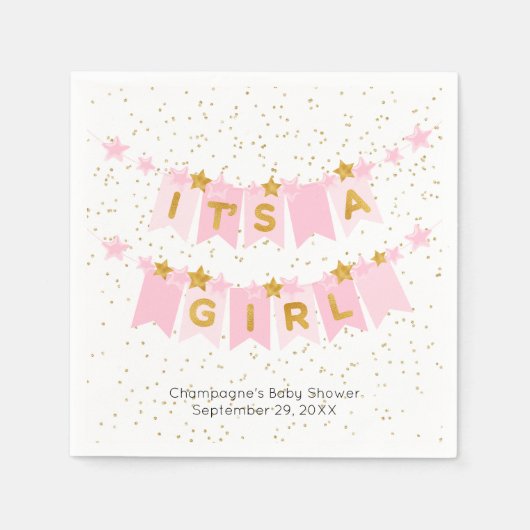女の子ピンクのバンティングフラッグベビーシャワー スタンダードカクテルナプキン (正面)