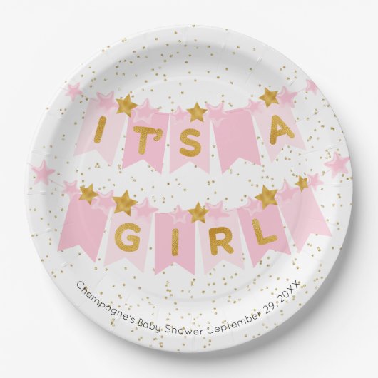 女の子ピンクのバンティングフラッグベビーシャワー ペーパープレート (正面)