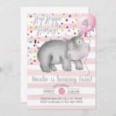 女の子ピンクのヒッポの誕生日の招待、招待状。 招待状 (正面/裏面)