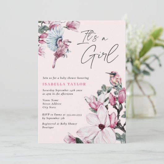 女の子ピンクのフローラと鳥の赤ちゃんシャワー 招待状 (スタンド正面)