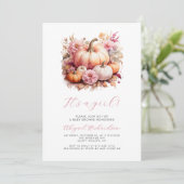 女の子ピンクのフローラカボチャ秋ベビーシャワー 招待状 (スタンド正面)