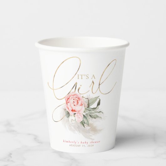 女の子ピンクのフローラパンパスグラス赤ちゃんシャワー 紙コップ (正面)