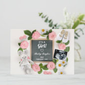 女の子ピンクのフローラレターボード妊娠 案内状 (スタンド正面)