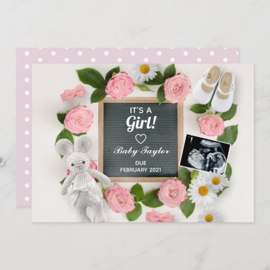女の子ピンクのフローラレターボード妊娠 案内状 (正面/裏面)