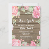 女の子ピンクのフローラ赤ちゃんシャワーウッド素朴 招待状 (正面)