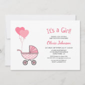 女の子ピンクのベビーカーの赤ちゃんシャワー 招待状 (正面)