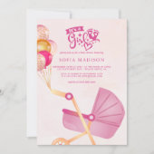 女の子ピンクのベビーカーの赤ちゃんシャワー 招待状 (正面)