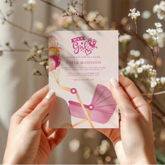 女の子ピンクのベビーカーの赤ちゃんシャワー 招待状