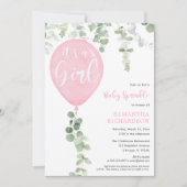 女の子ピンクのベビー撒きユーカリ風船 招待状 (正面)