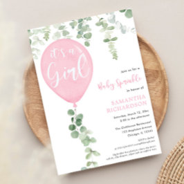 女の子ピンクのベビー撒きユーカリ風船 招待状