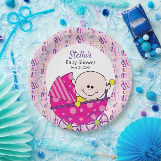 女の子ピンクのベビー車用ベビーシャワー ペーパープレート (パーティー)