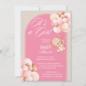 女の子ピンクのベージュバルーンのテディベアアーチ 招待状 (正面)