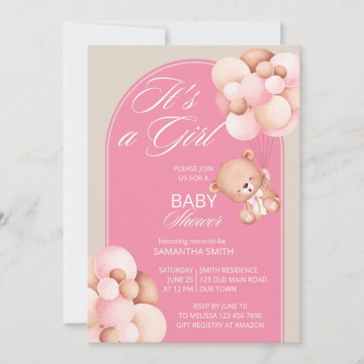 女の子ピンクのベージュバルーンのテディベアアーチ 招待状 (正面)