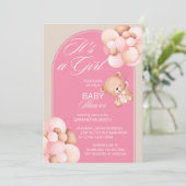 女の子ピンクのベージュバルーンのテディベアアーチ 招待状 (スタンド正面)