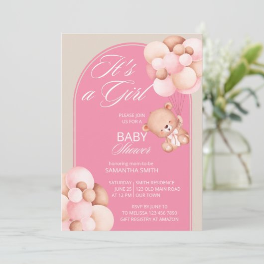 女の子ピンクのベージュバルーンのテディベアアーチ 招待状 (スタンド正面)