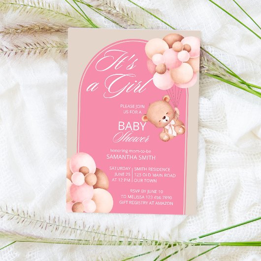 女の子ピンクのベージュバルーンのテディベアアーチ 招待状