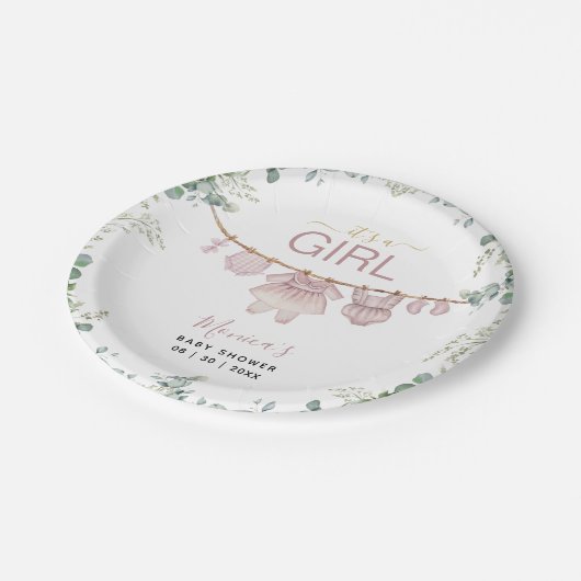 女の子ピンクのボホ服グリーンの赤ちゃんシャワー ペーパープレート (アングル)