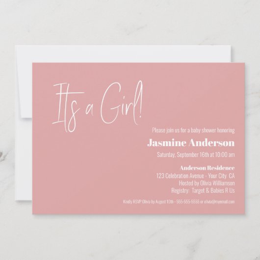 女の子ピンクのミニマルモダン主義の赤ちゃんシャワー 招待状 (正面)