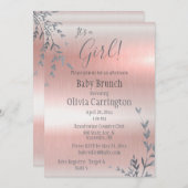 女の子ピンクのメタリックベビーシャワーブランチ 招待状 (正面/裏面)