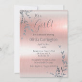 女の子ピンクのメタリック銀箔ベビーシャワー 招待状 (正面)