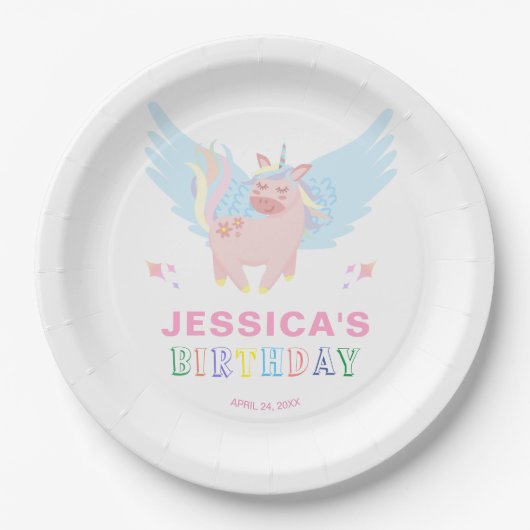 女の子ピンクのユニコーンマジカルデイバースデーパーティー ペーパープレート (正面)