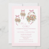 女の子ピンクのヴィンテージ赤ちゃんシャワー招待状 招待状 (正面)