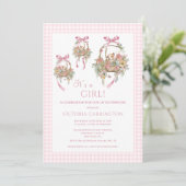女の子ピンクのヴィンテージ赤ちゃんシャワー招待状 招待状 (スタンド正面)
