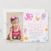 女の子ピンクの写真ワンダーザ海の最初の誕生日 招待状 (正面)