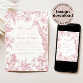 女の子ピンクの女の子ベビーシャワーサファリトイレ 招待状