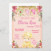 女の子ピンクの子羊1st最初の誕生日の招待。 招待状 (正面/裏面)