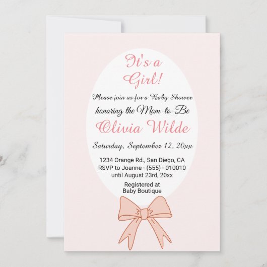 女の子ピンクの弓と赤ちゃんシャワー用の花 招待状 (正面)