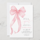 女の子ピンクの弓コケット赤ちゃんシャワー 招待状 (正面)