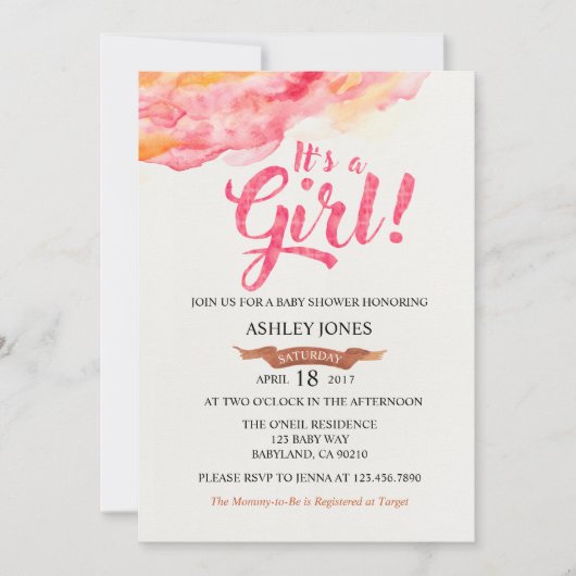 女の子ピンクの水彩のベビーシャワーの招待 招待状 (正面)
