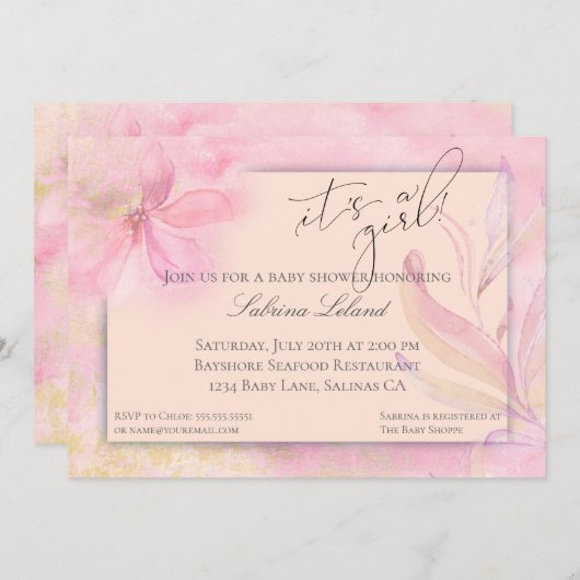 女の子ピンクの水色のフローラベビーシャワー 招待状 (正面/裏面)