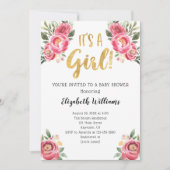 女の子ピンクの水色の花ベビーシャワー 招待状 (正面)