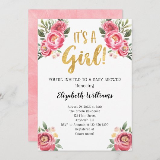 女の子ピンクの水色の花ベビーシャワー 招待状 (正面/裏面)