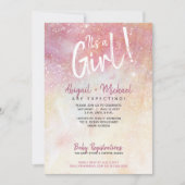 女の子ピンクの水色の赤ちゃん絵を描のシャワーだ 招待状 (正面)