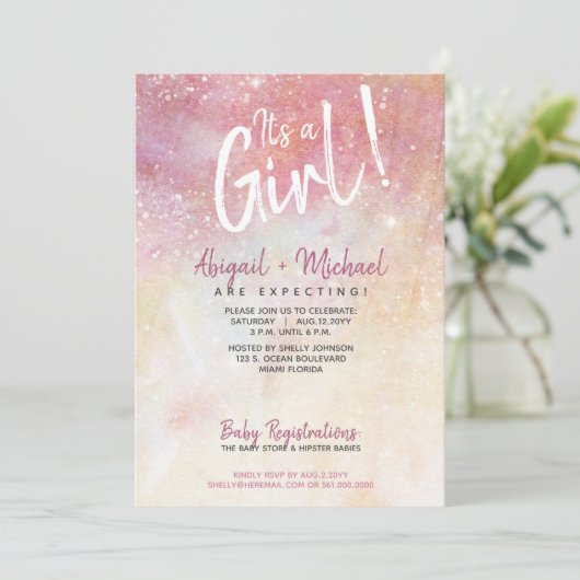 女の子ピンクの水色の赤ちゃん絵を描のシャワーだ 招待状 (スタンド正面)