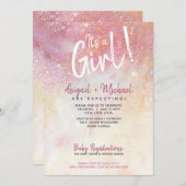 女の子ピンクの水色の赤ちゃん絵を描のシャワーだ 招待状 (正面/裏面)